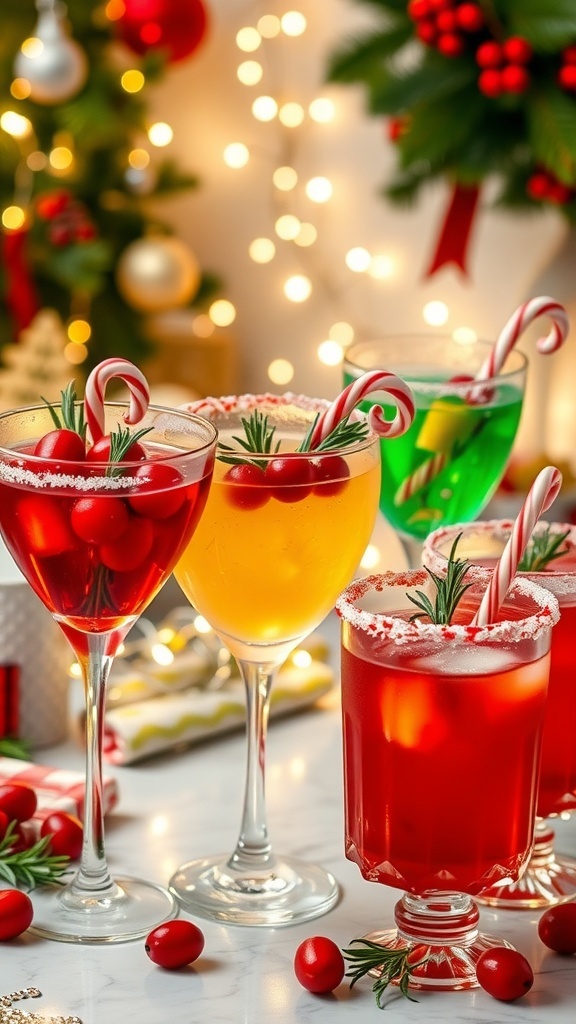 A variety of Christmas cocktails with garnishes on a festive table setting.